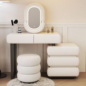 Set Toeletta Bianco Crema in Bouclé con Specchio LED, Tavolo da Trucco con Sgabello e Cassetti Contenitore per <span class=keywords><strong>Camera</strong></span> da Letto e Hotel - Product Image 1