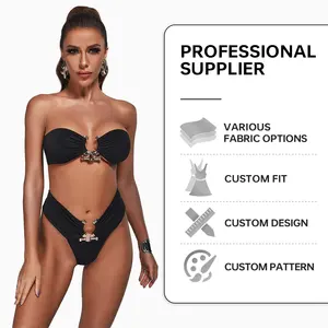 أزياء سوداء مخصصة Beachwear طقم ملابس سباحة فاخرة مع شعار