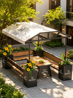 Ensemble de sièges de patio extérieur moderne avec auvent, jardinières et table, logo personnalisable pour jardin, café, restaurant