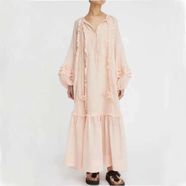 2024 New Arrival Women Long Lantern Sleeves Casual Dress Maxi Relaxing Fit Pure Cotton Sundress Chic Resort Loose Boho Dress