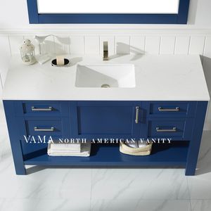 VAMA Factory-mueble de baño de 60 pulgadas, mueble de Diseño popular Europeo vintage de madera sólida azul, tocador de baño con top de cuarzo 784060 - Product Image 4