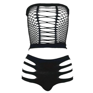 Sexy Dessous Plus Size Sheer Nylon Body stockings 2 Stück Hollow Out Fishnet Off Shoulder Top Short Set - Product Image 1