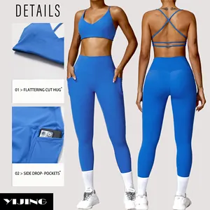 Custom Prive Logo Hoogbouw Gym Wear Fitness Yoga Broek Legging Met Zakken Open Strappy Rug Sportbeha Fitness Yoga Sets