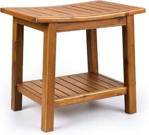 2-stufiger Badezimmer hocker aus Teakholz im Freien-Langlebige Dusch bank mit gebogenem Sitz und offenem Regal für Terrasse, Veranda oder Balkon - Product Image 1