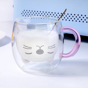 Doppelwandige Kaffeeglas-Tasse mit Niedlichem Cartoon-Katzen-Muster Haushalt Milch Bedruckter Becher - Product Image 3