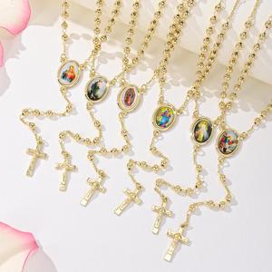 Christian Holiday Gift Ready Retail Packaging Religious Unisex Zircon Beaded <b>Necklace</b> Gold Plated - Product Image 3