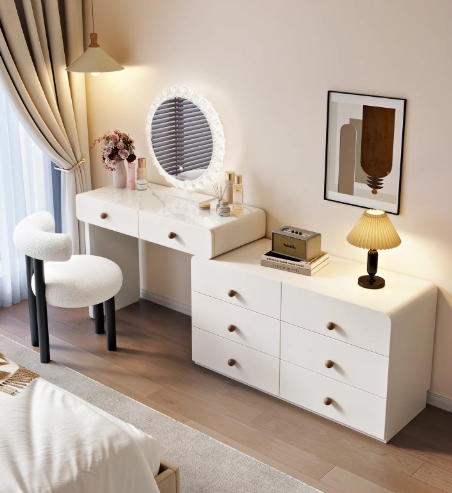 OEM Makeup Vanity Desk with Mirror and Lights Glass Top 13Drawers Adjustable Shelves Dressing Table