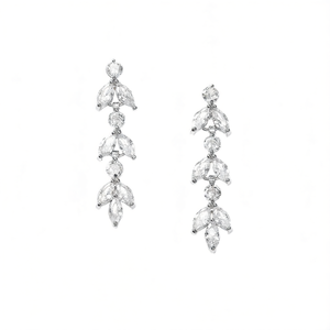 Orecchini Pendenti E2212 in Oro Bianco con Cristalli Taglio Marquise, Strass e Montatura a Griffe a Forma di Pianta, Gioielli Classici da Sposa per Donna - Product Image 1