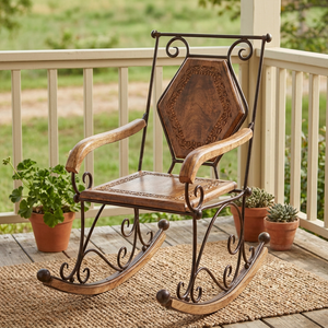 Traditional Wooden <b>Rocking</b> <b>Chair</b> With Metal Frame Solid Back Living Room Furniture Antique Style Home Decor - Product Image 4