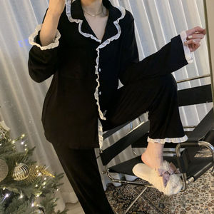 Cardigan a maniche lunghe da <span class=keywords><strong>donna</strong></span> in Cyber celebrità semplici abiti neri per la casa in pizzo con <span class=keywords><strong>pigiama</strong></span> largo primavera autunno anteriore - Product Image 3