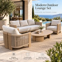 Ensemble de canapés de patio modernes en corde tressée avec table basse ovale en teck, mobilier de salon d'extérieur