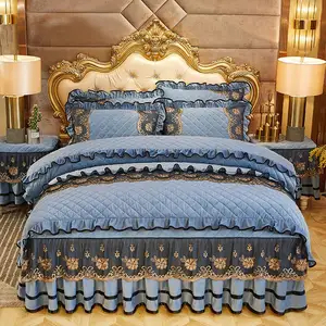 欧洲奢华皇家褶边，亲肤蕾丝床裙 + 2个枕套时尚床上用品套装公主床罩床单/