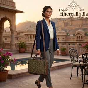 Bolso para portátil Ajrakh con estampado de bloques, verde, de algodón, bolso de oficina, estilo étnico bohemio, bolso de trabajo con correa. - Product Image 4