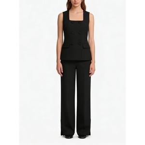 Conjunto de Chaleco Cruzado con Cuello Cuadrado y Pantalones de Pierna Ancha para Mujer - Traje de Oficina sin Mangas de 2 Piezas a la Moda - Product Image 2