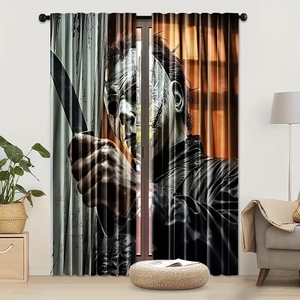 Rideau à deux panneaux personnalisable avec motif Trois Crânes Sages 'Ne voir, ne entendre, ne parler que du bien', noir, pour chambre à coucher et décoration intérieure - Product Image 3