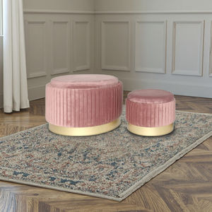 Ensemble <span class=keywords><strong>de</strong></span> deux poufs <span class=keywords><strong>de</strong></span> rangement ronds modernes en velours plissé avec cadre en tissu et en métal pour le salon - Product Image 4