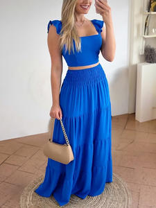 <span class=keywords><strong>Vacances</strong></span> européennes et américaines Casual Skinny Solid Jupe mi-longue à manches courtes Ensemble 2 pièces en mousseline de soie pour femmes - Product Image 3