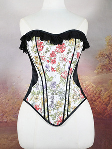 Corsé Bustier sin Tirantes con Escote Corazón, Estampado Floral de Bayas Rojas Pequeñas, Ribete de Volantes Blancos, Estilo Vintage, Moldeador de Cintura Estilizadora - Product Image 1