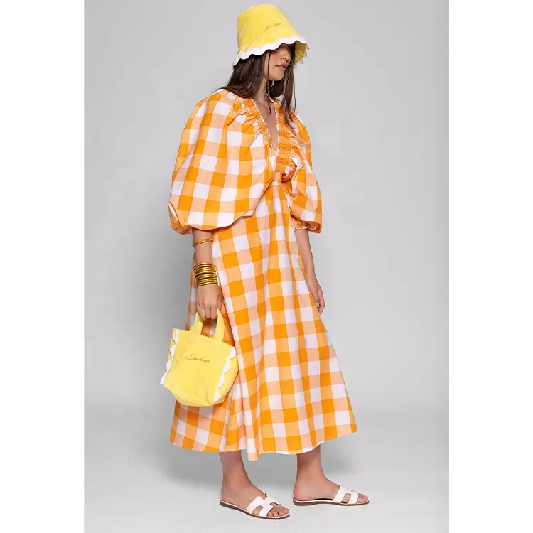 ENYA Women Gingham Long Dress Big Kimono Sleeves V Neck Holiday Casual Plaid Dress Girls Hang Out Picnic Dress Pure Cotton