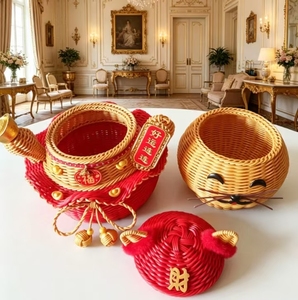 งานสานหวายคุณภาพสูง งานฝีมือทำมือ ตะกร้าเก็บของรูปแมว เสริมโชคลาภ ความมั่งคั่ง ของตกแต่งบ้าน ของขวัญ - Product Image 4