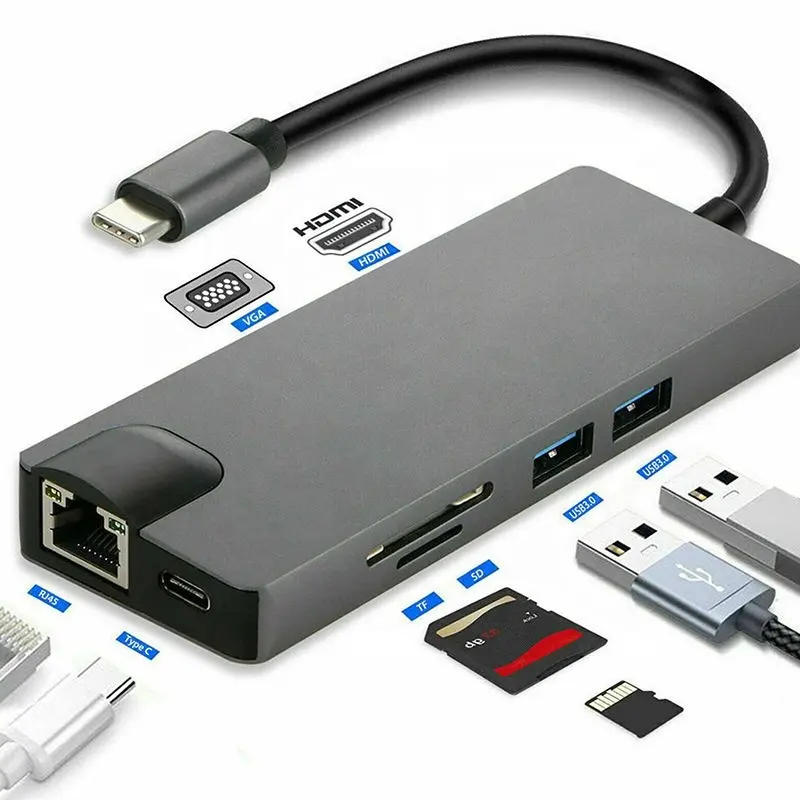 Xput 8 In 1 USB C ประเภท C 3.1 อะแดปเตอร์ฮับพร้อม USB 3.0 4K HD HDMI HDTV VGA RJ45 Gigabit Ethernet SD TF Card Reader 8 พอร์ต