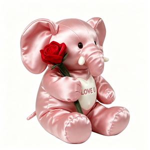 Elefante de Peluche Personalizado en Satén Rosa Brillante y Sedoso, con Rosa Roja, Corazón Blanco Bordado con la Frase LOVE U, Elefante Sentado de Peluche - Product Image 4