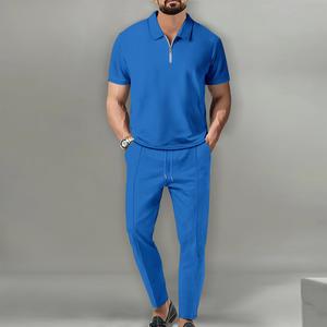 Ensemble deux pièces décontracté pour homme, style streetwear, couleur unie, col montant, manches courtes, pantalon zippé, pour l'été – Vente en gros - Product Image 3