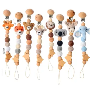 Handmade Wood Crochet Beads Dummies Amigurumi Baby Teething Pacifier Chain Animals Wooden Pacifier Holder Clip