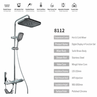 Robinet de douche de bain à affichage numérique chromé poli, ensemble de douche en laiton à touches piano avec LED de température et effet pluie, 4 fonctions pour salle de bain