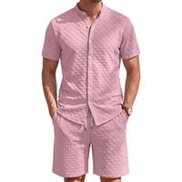 Setelan Kasual Pria 2 Potong Model Waffle Grid Jacquard Kerah Tegak Kemeja Kancing Lengan Pendek Celana Pendek Tali Serut Buatan Pabrik