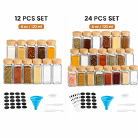 Lot de 12 ou 24 pots à épices carrés en verre de 4 oz avec couvercles en bambou, inserts doseurs, étiquettes, entonnoir et brosse de nettoyage