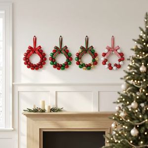 Karangan Bunga Lonceng Besi Merah Putih untuk Lemari Dapur, Ornamen Natal Kecil, Pita Kotak-kotak, Diameter 12cm, Gaya Farmhouse - Product Image 1