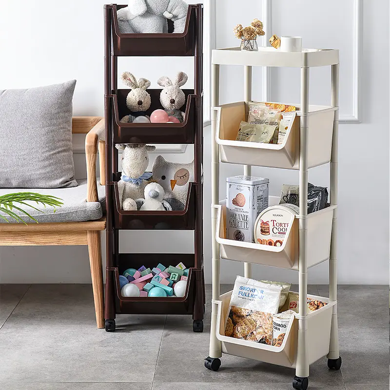 4-Tier Easy Assemble Shelves Multi-Functional Trolley Movable Storage Organizer Lockable Wheels Rolling Utility Cart with Handle