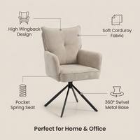 Fauteuil de salon confortable à dossier haut en velours côtelé, pivotant à 360°, avec siège à ressorts ensachés et accoudoirs rembourrés, pour salon