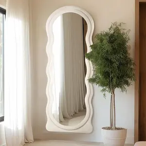 กระจกแบบเต็มความยาว63 "x 24" แบบโค้งกระจกติดผนังเต็มตัวติดตั้งบนพื้นพร้อมขาตั้งกรอบผ้าสักหลาดสีงาช้างแขวนผนัง - Product Image 2