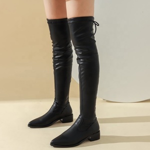 Solid PU Big Size 43 Women Over Knee High <b>Boots</b> Thigh High Pointed Back Lace up <b>Boots</b> for Women Med Chunky Heel Long Booties - Product Image 4