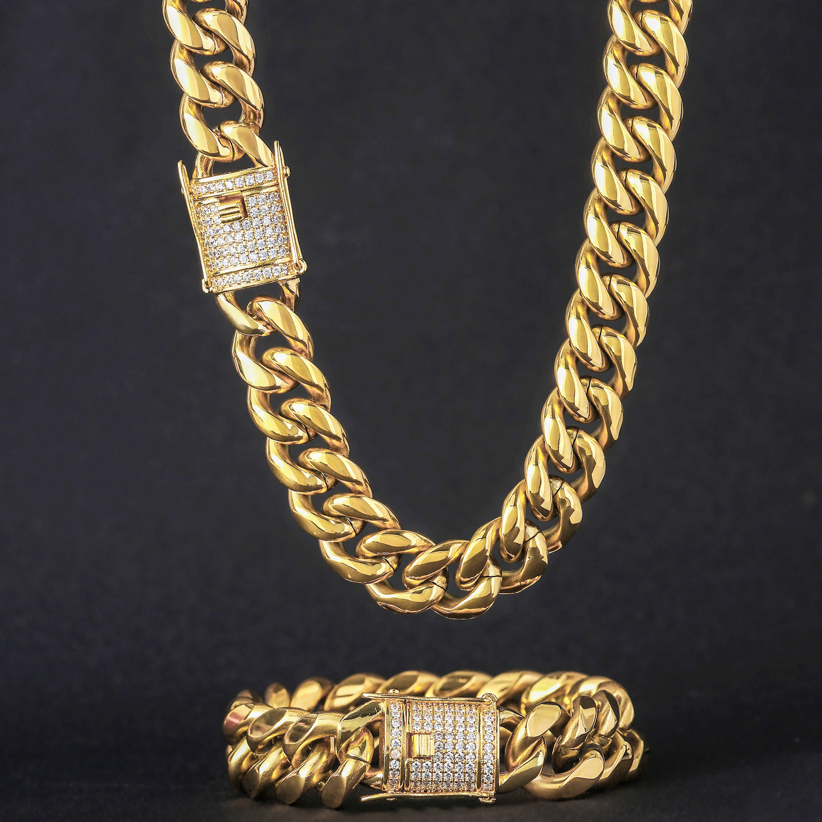 Hip Hop 6-18mm Width Stainless Steel Cuban Chain Box Lock Mirco Rhinestone Gold Chain for Men's 18K Gold Cuban Link Necklace