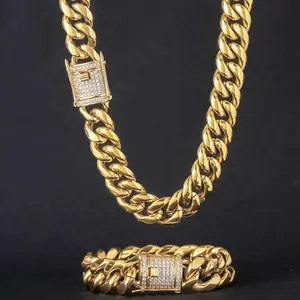 Hip Hop 6-18mm Breite Edelstahl Cuban Chain Box Lock Mirco Strass Goldkette für Herren 18 Karat Gold Cuban Link Halskette