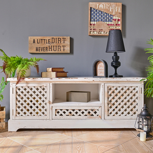 Meuble TV en bois massif fait main, durable, avec portes, couleur blanche, pour salon, appartement ou ferme - Product Image 1