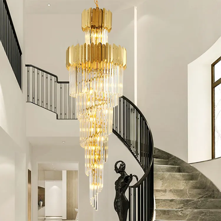 Moderno lusso interno oro grande scala rotonda appesa illuminazione lampadari di cristallo e lampade a sospensione scala della hall personalizzata