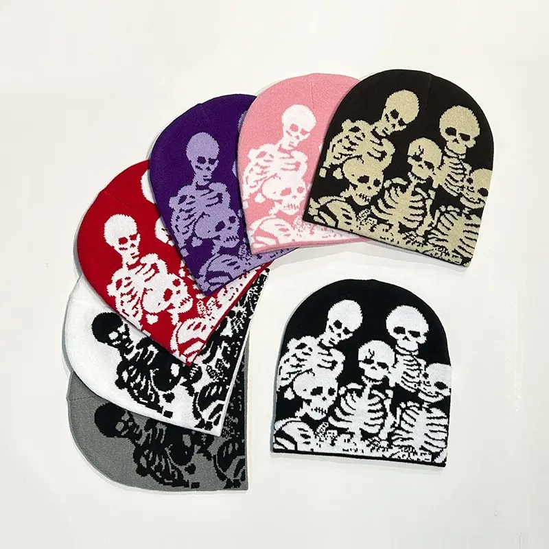 Hot Punk Teens Halloween Beanie Hut Strick mütze mit Jacquard Schädel Muster Ski Hut Gothic Horror Skull Beanie für Unisex