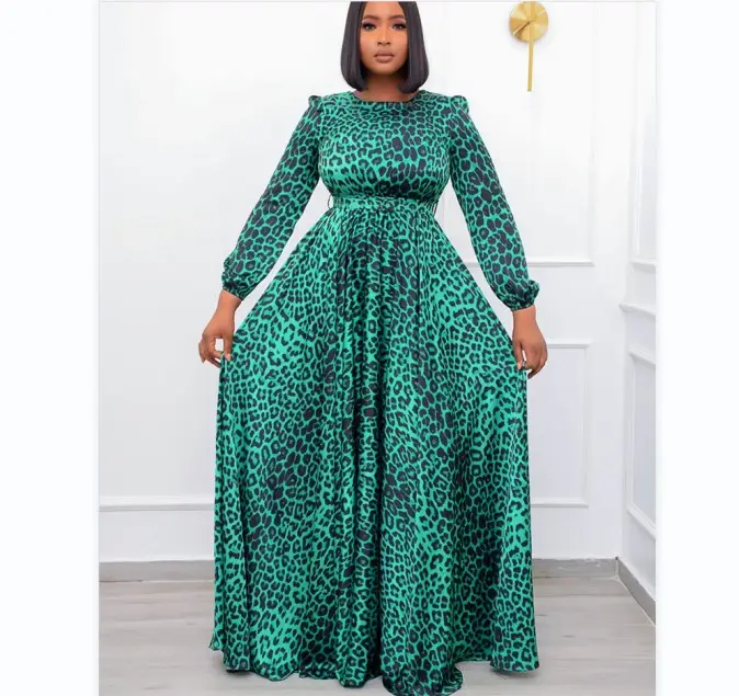Women green leopard print round neck plus size temperament one piece A-line islamic casual maxi chiffon long sleeve dress