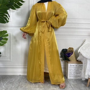 1941# Latest Front Open Fashion Abaya With Lining Shiny Satin <b>Kaftan</b> Kimono Cardigan Muslim Women Clothing - Product Image 3