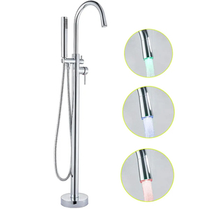 Grifo de Bañera Independiente LED Cromado de Suelo con Monomando de Latón y Ducha de Mano HN-TF030 - Product Image 2