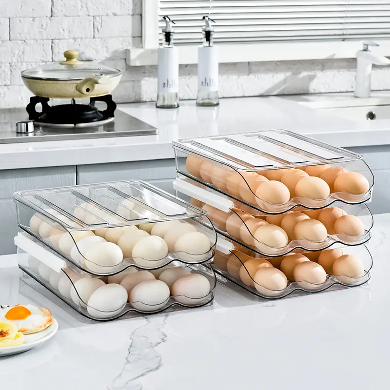 Réfrigérateur moderne pour le stockage des aliments Porte-œufs multicouches roulants Boîte à tiroirs Conteneurs de stockage des œufs Conteneurs en plastique avec couvercles