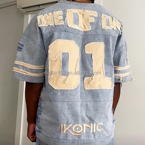 Chemise en jean personnalisée de haute qualité, délavée à l'acide, avec broderie et patchs, en denim épais, col en V, coupe oversize, manches courtes - Product Image 4