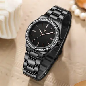 Shengke Waterproof Iced Out Watches For Women Redefining Luxury Timekeeping With Diamond Bezel Stainless Steel Mesh Strap Watch