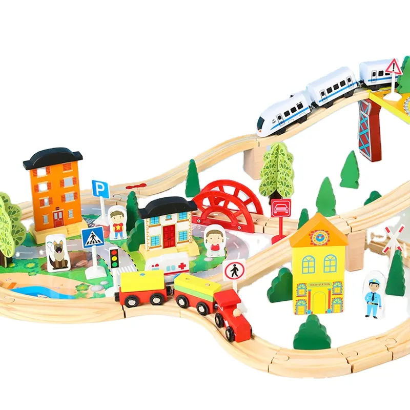 78pcs Wooden Train Set Amazon Racing Trains Tracks Wood Bridge Station Magnetic Cars Toys for Children Gift