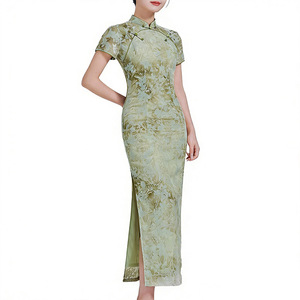 Abito Qipao Vintage Verde Oliva <span class=keywords><strong>con</strong></span> Logo Personalizzato, Jacquard Floreale, Collo Tradizionale Cinese, <span class=keywords><strong>Spacco</strong></span> <span class=keywords><strong>Laterale</strong></span>, <span class=keywords><strong>Vestito</strong></span> Aderente <span class=keywords><strong>Midi</strong></span> - Product Image 3