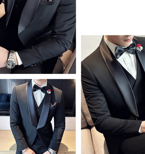 Hombres <span class=keywords><strong>modernos</strong></span> <span class=keywords><strong>boda</strong></span> <span class=keywords><strong>novio</strong></span> mejor hombre chal solapa 3 PC chaqueta chaleco pantalones Slim Negro hombres trajes - Product Image 4